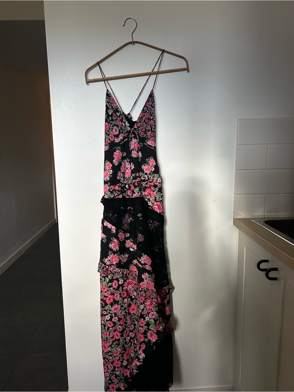 For Love And Lemons Black and Pink Floral Lace-Panel Maxi Dress - Picture 7 of 8